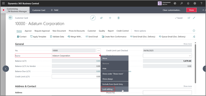 Name field lock editing Business Central