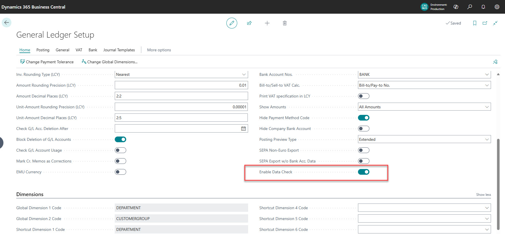 enable data check Business Central