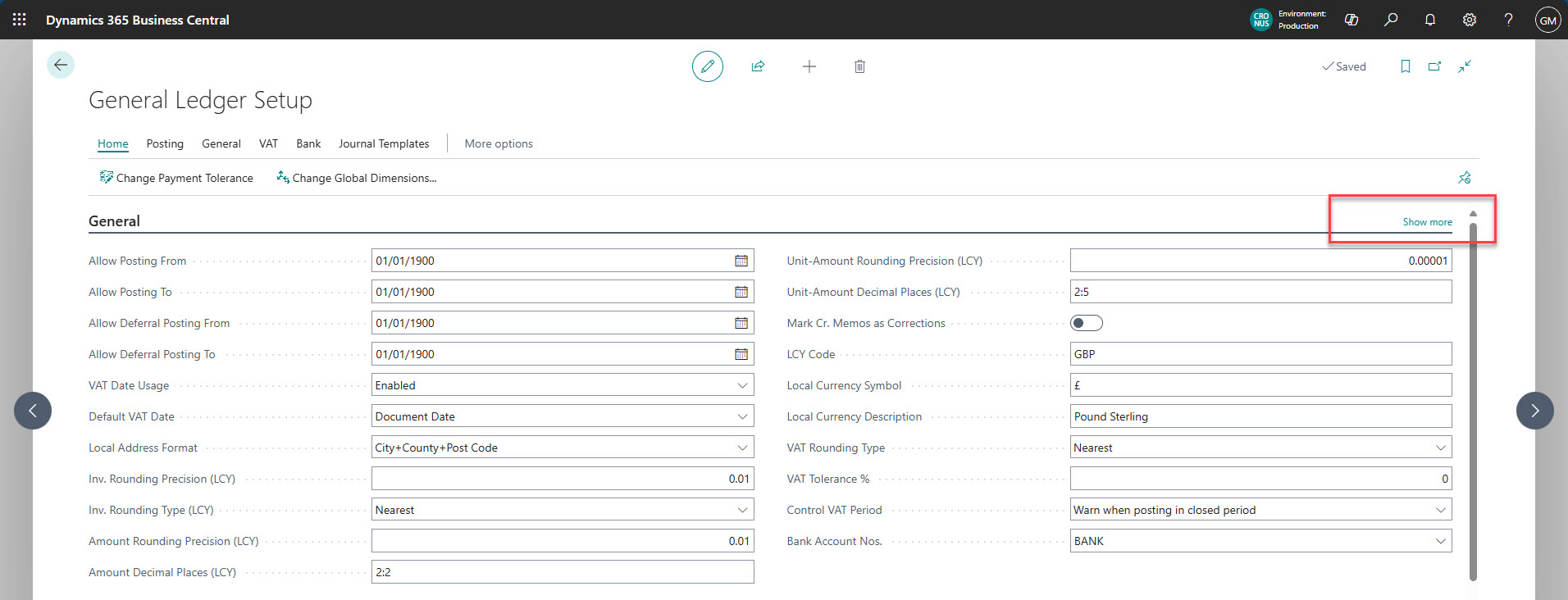 General Ledger setup Business Central