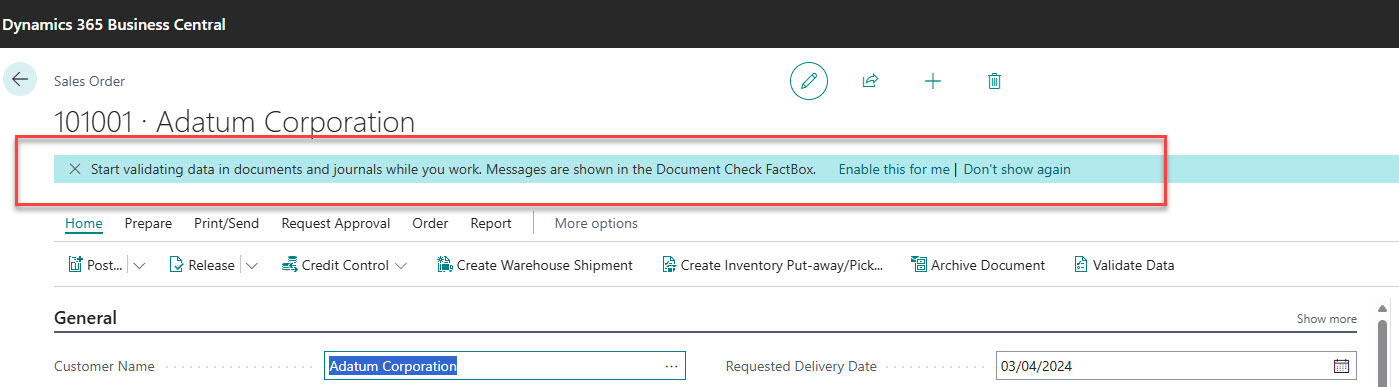 start validating data Business Central