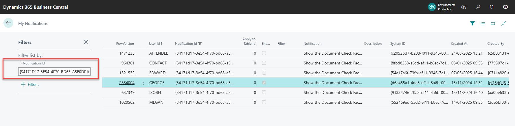 notification ID Business Central