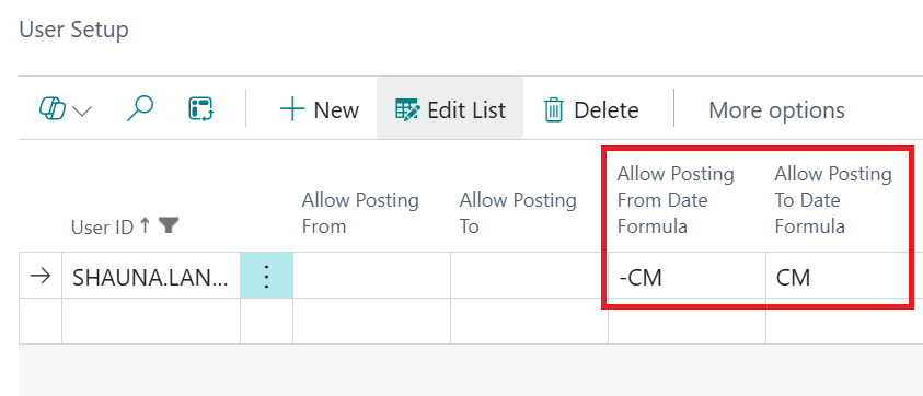 allow posting dates Business Central