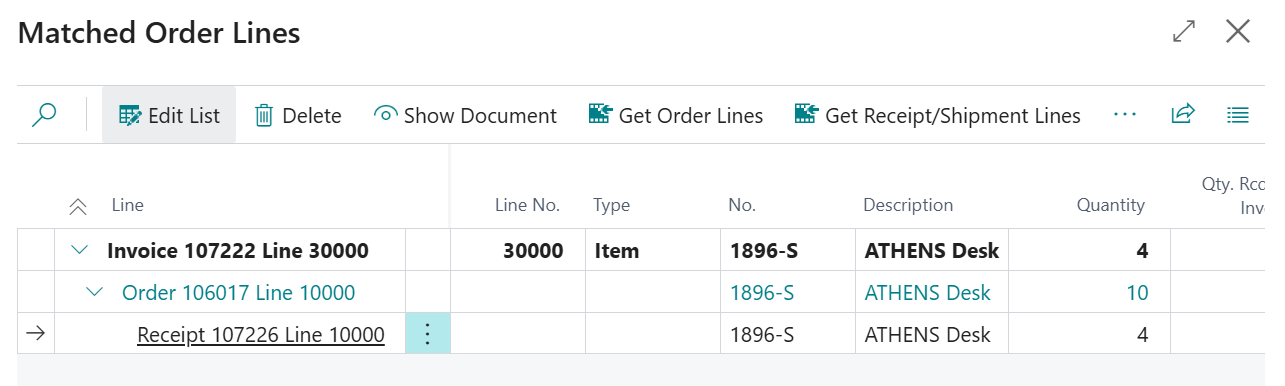 matched order lines Business Central