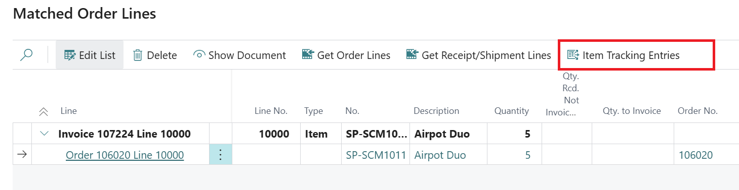 item tracking entries Business Central
