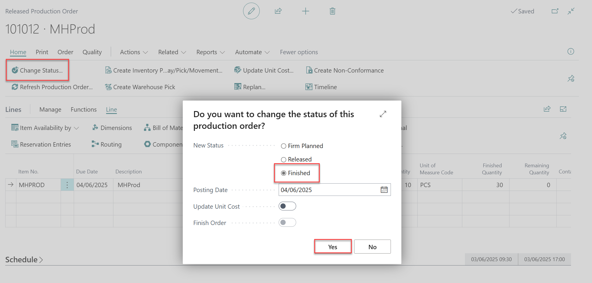 change status production orders Business Central