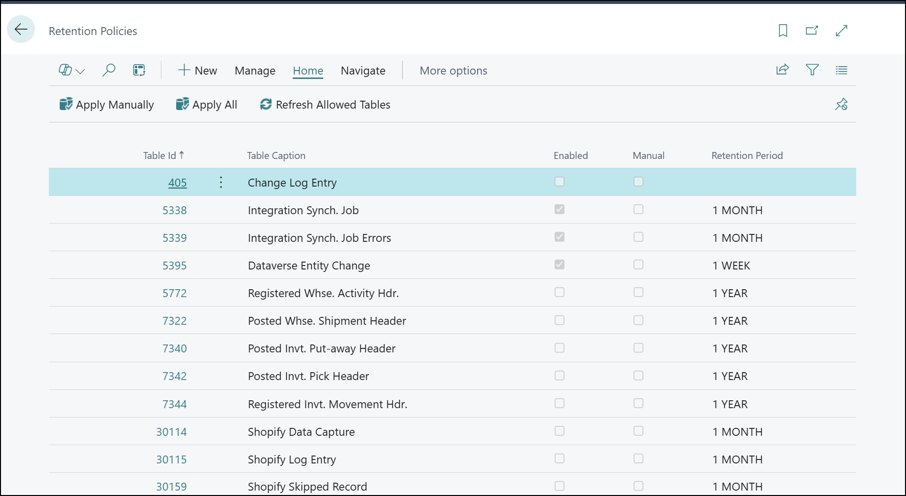 retention policies business central