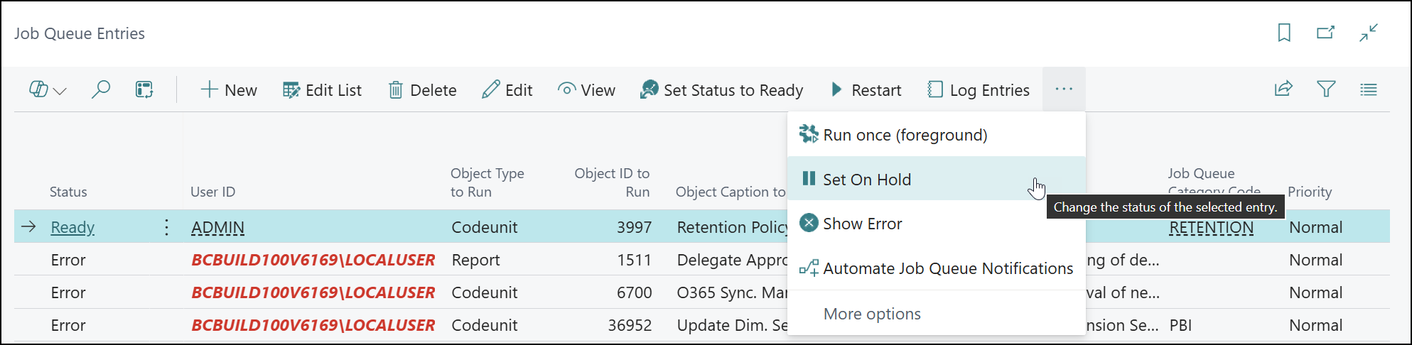 retention policy job query business central