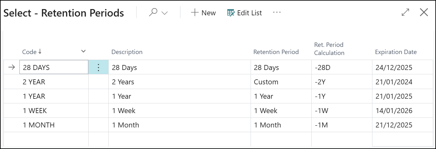 select retention policy business central