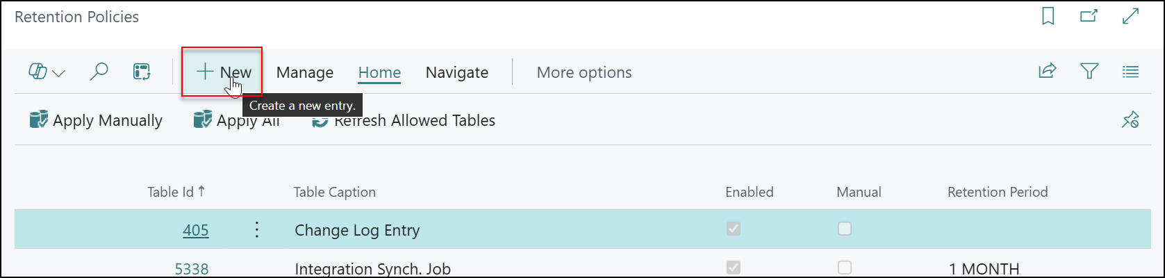 new retention policy business central
