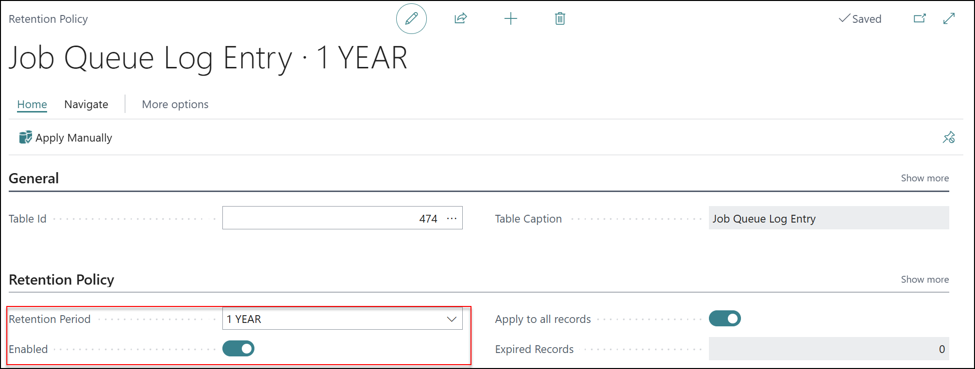 retention period business central