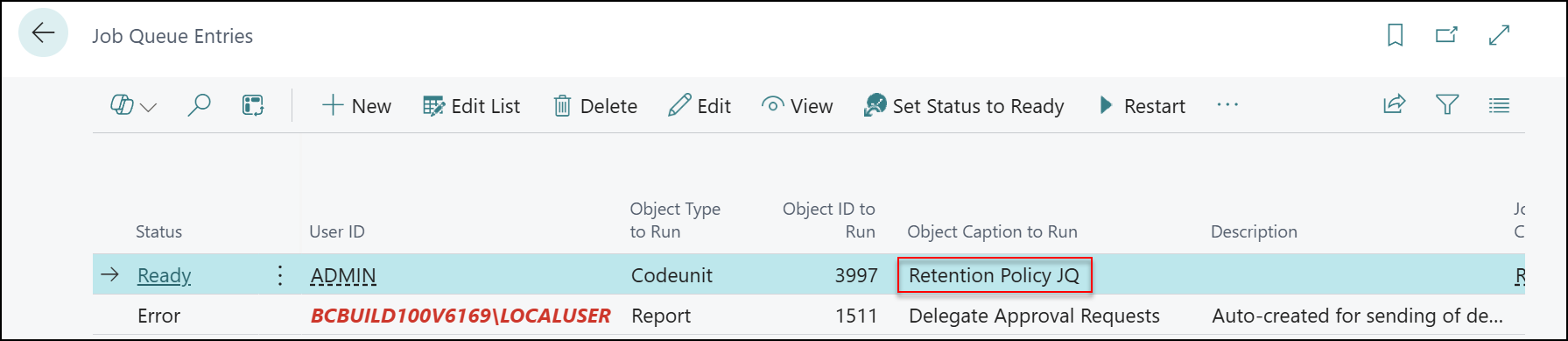 job queue entries business central