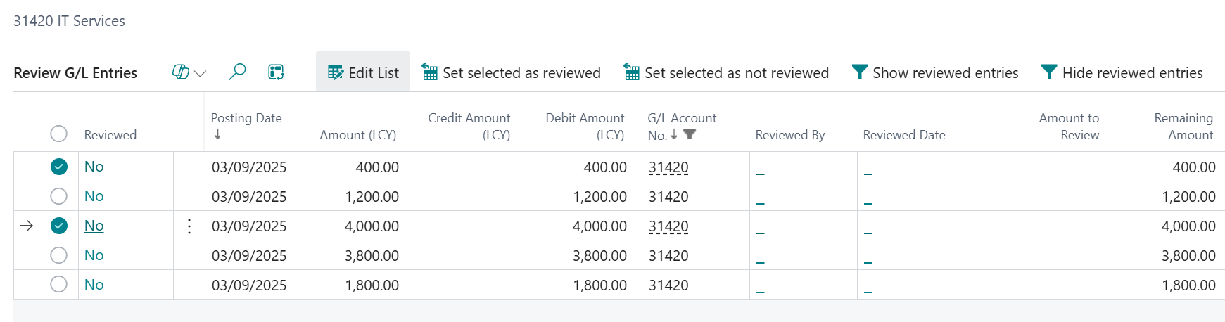 review general ledger business central