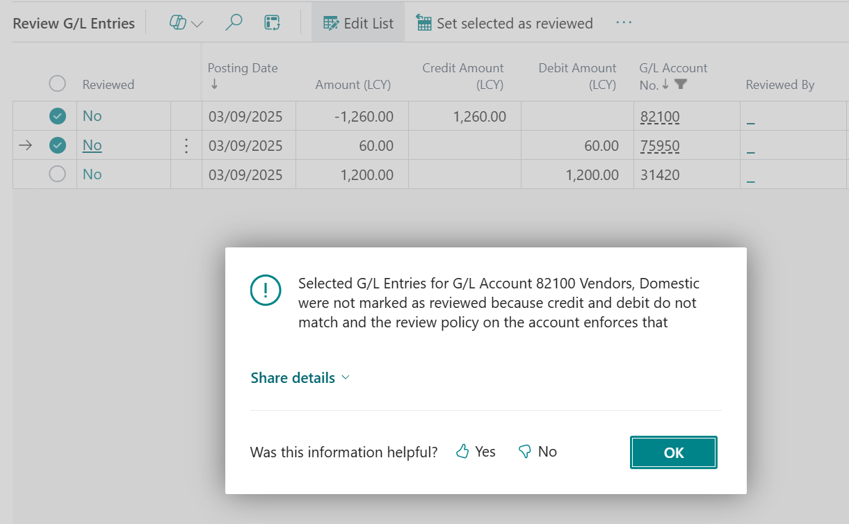 review allowed and match balance business central