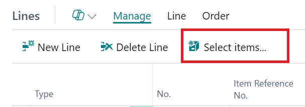 select items business central