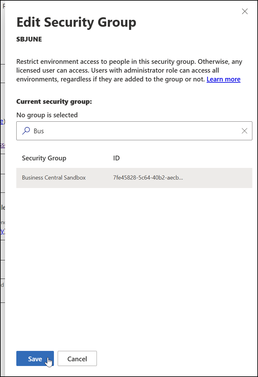 selecting a security group Business Central