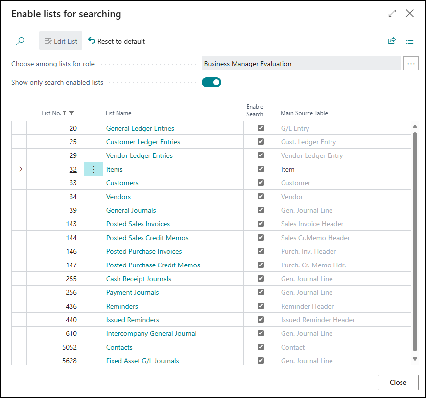 enable lists for searching Business Central