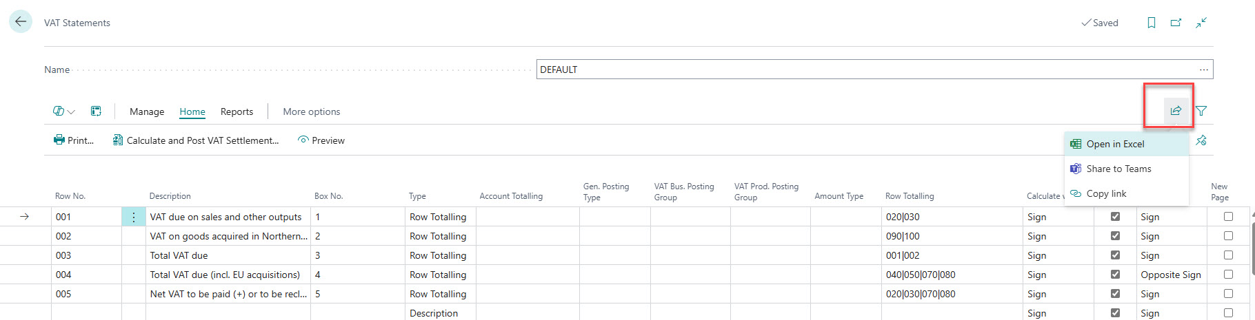 edit VAT statement Business Central