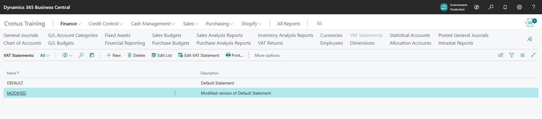 duplicate VAT statement Business Central