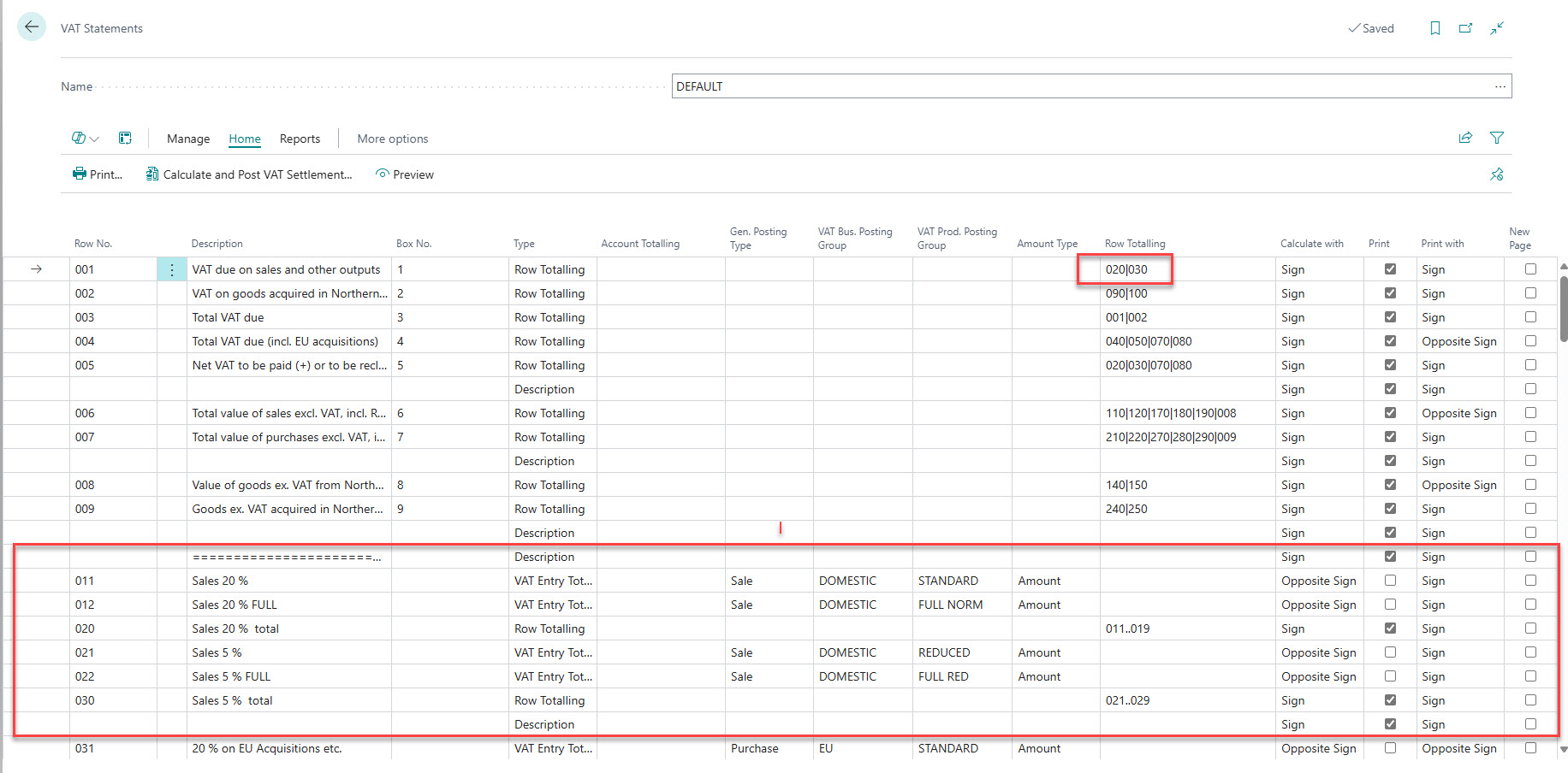 default VAT statement Business Central
