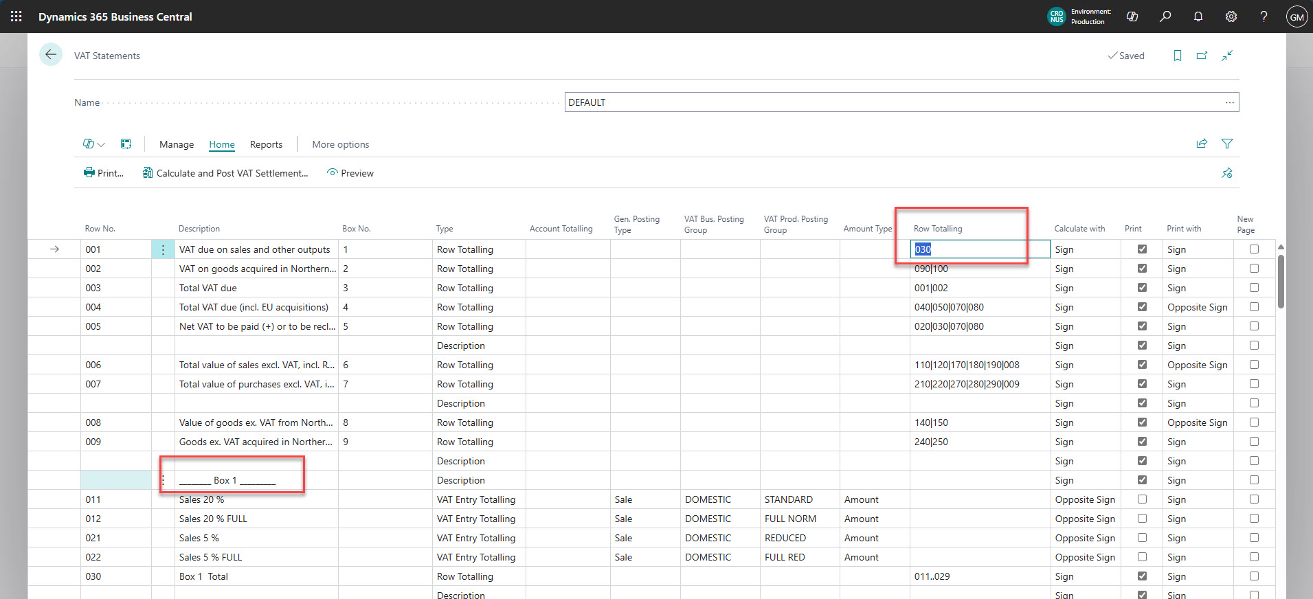 row totalling Business Central