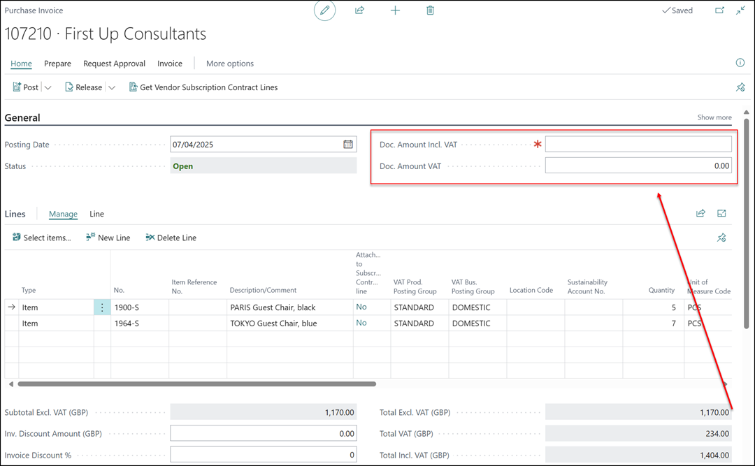 match documents Business Central