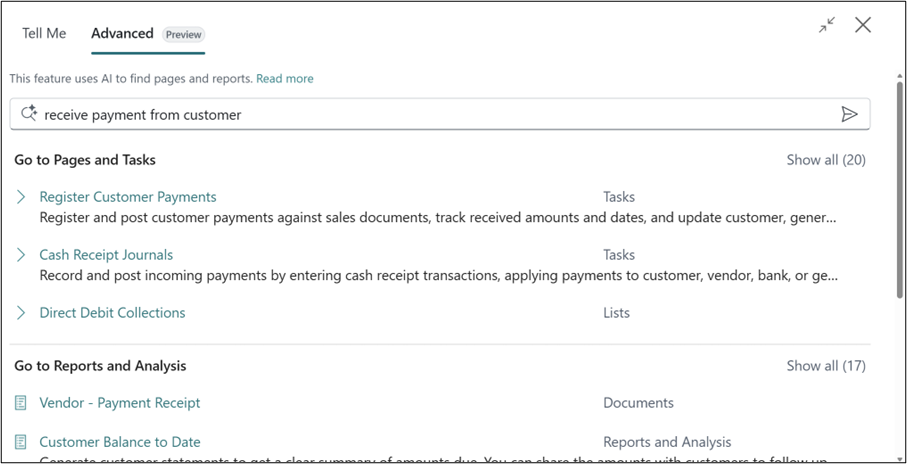 Searching with 'Advanced Tell Me'