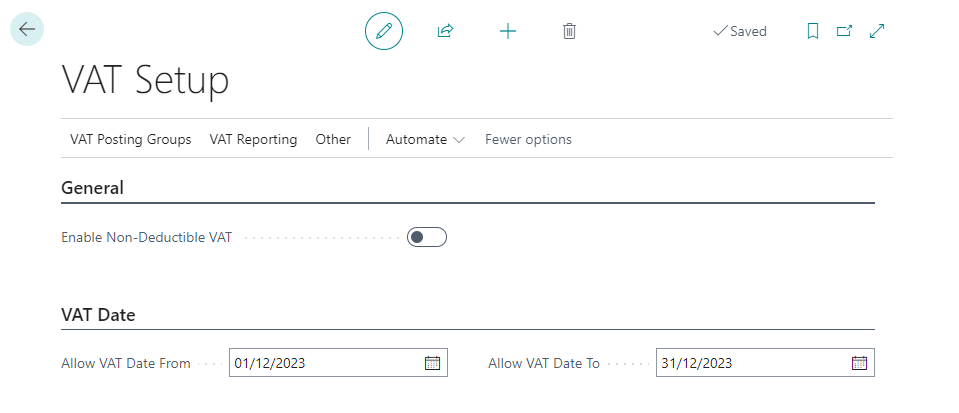 Screenshot showing the VAT Setup page on Microsoft Dynamics 365 Business Central.