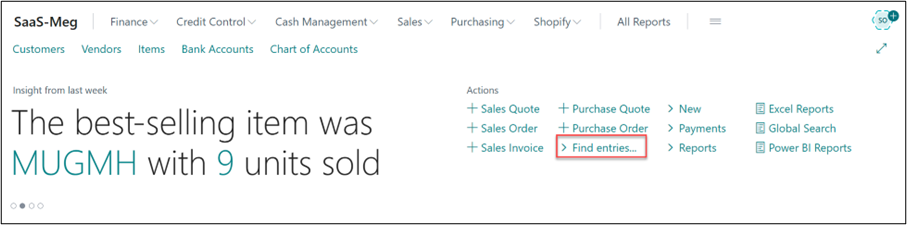 How to find 'find entries' in Microsoft Dynamics 365 Business Central