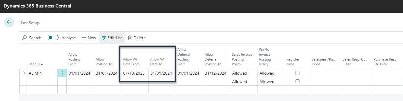 Screenshot showing User Setup page on Microsoft Dynamics 365 Business Central.