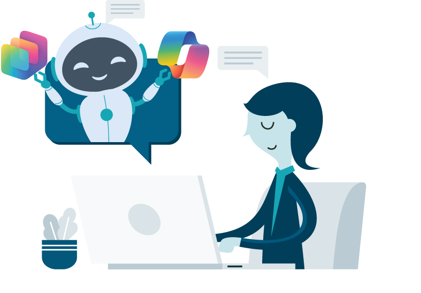 robot holding Copilot & Copilot Studio icons