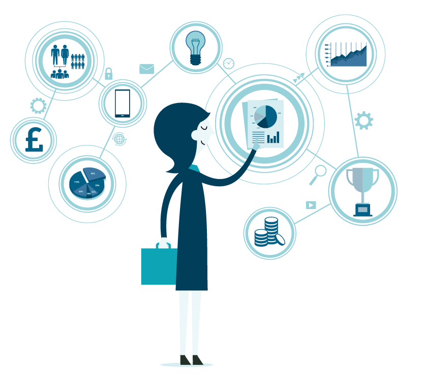 graphic of woman touching business icons