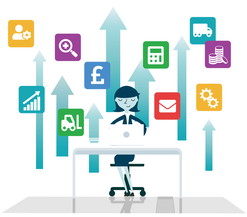 business women sitting at desk with laptop and app icons 