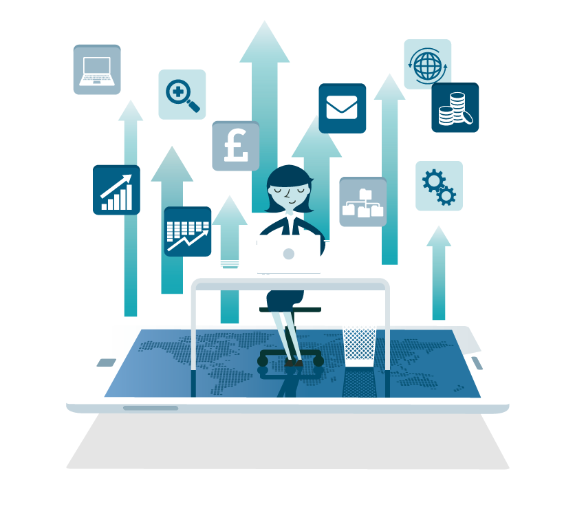 graphic of woman at desk with finance icons
